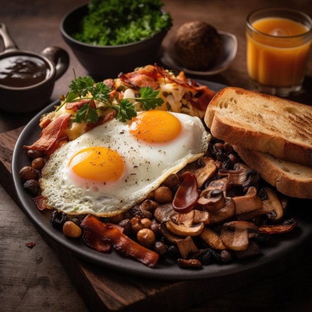 Fried eggs and bacon and fried mushrooms on the table