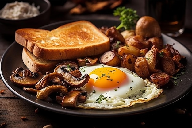 Fried eggs and bacon and hash browns and black pudding and mushrooms and toast