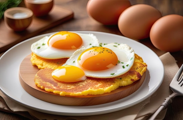 白い皿に焼いた卵と 薬草をテーブルに置いた 伝統的な美味しい朝食 AIが生成した