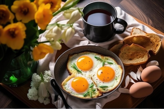 Fried eggs coffee mug toast and tulips in a vase on the table top view breakfast Generative ai