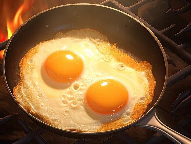 Photo fried eggs in a frying pan closeup shot