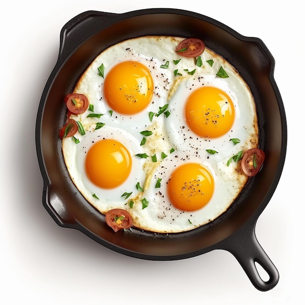 Fried eggs in a frying pan isolate on a white background Generative AI