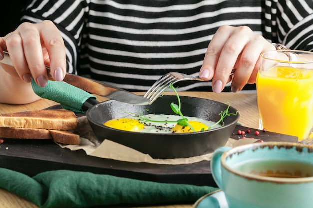 Fried eggs in a frying pan with bread