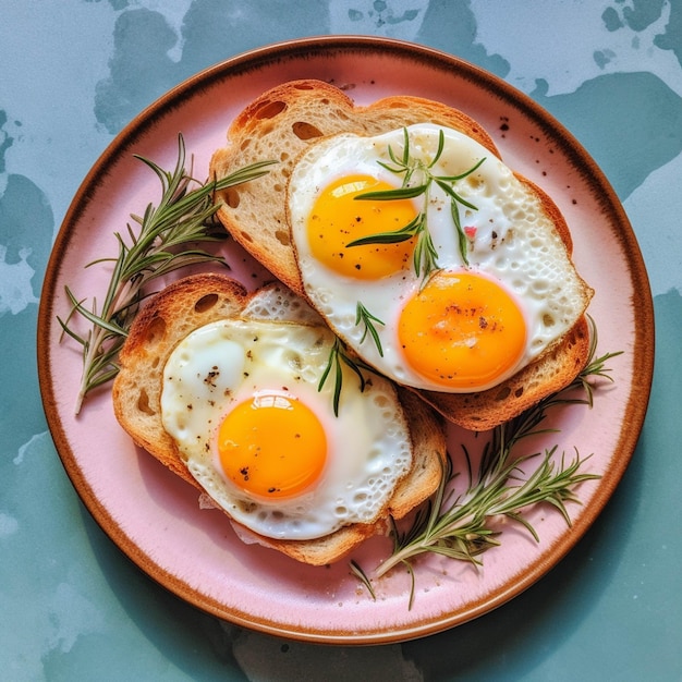 Фото Жареные яйца на тосте с розмарином на тарелке