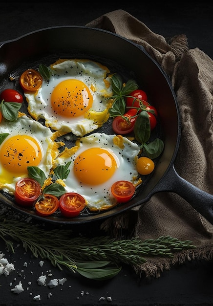 Fried eggs in a pan for breakfast studio photo of products dark black background Generative AI