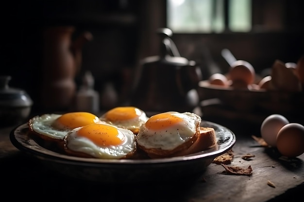 Fried eggs on a round platter in a rustic kitchen Ai Generative