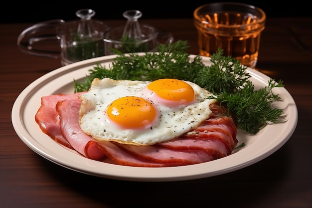 Photo fried eggs and sausage and becon on a plate in hotel room background for breakfast