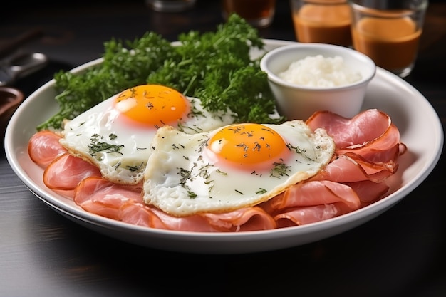 Photo fried eggs and sausage and becon on a plate in hotel room background for breakfast