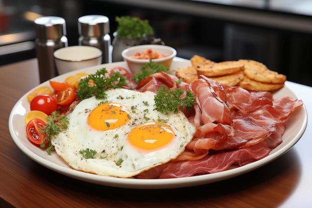 Photo fried eggs and sausage and becon on a plate in hotel room background for breakfast