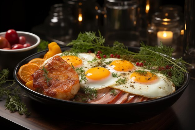 フライドエッグとソーセージとベーコンがホテルの部屋のプレートで朝食の背景に