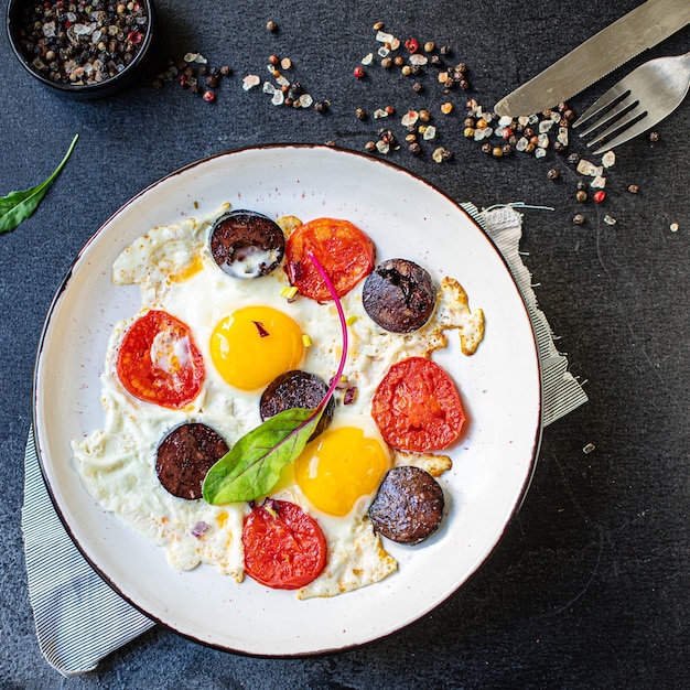 Fried eggs scrambled with tomato