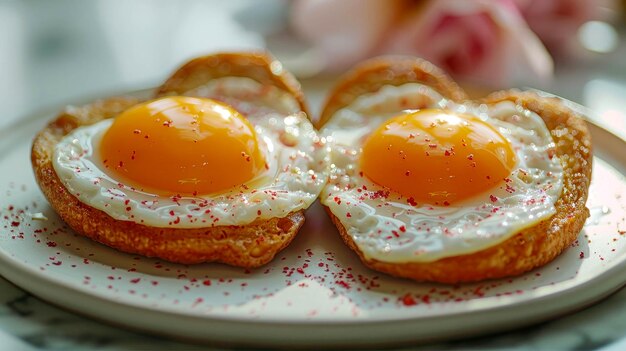 Fried eggs in the shape of a heart on a plate