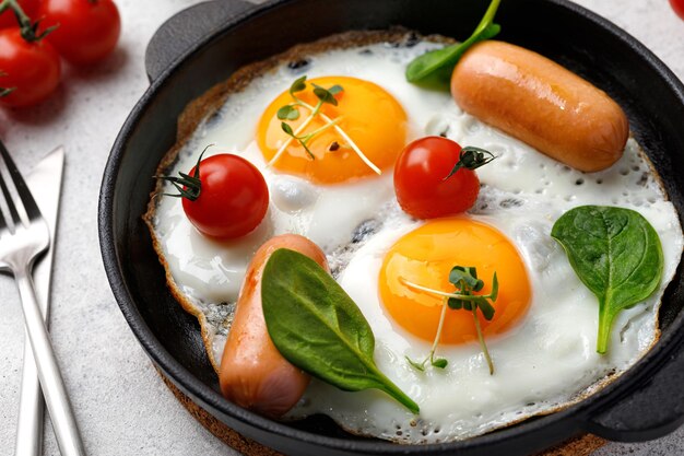 Жареные яйца в маленькой сковороде с помидорами, свежими сосисками из шпината, микро-зеленым английским завтраком крупным планом