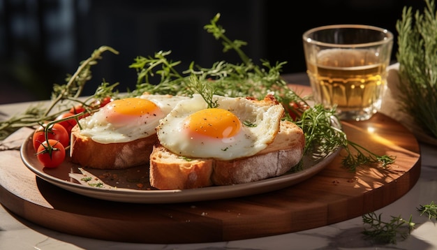 Fried eggs on toast bread with herbs and a glass of white wine