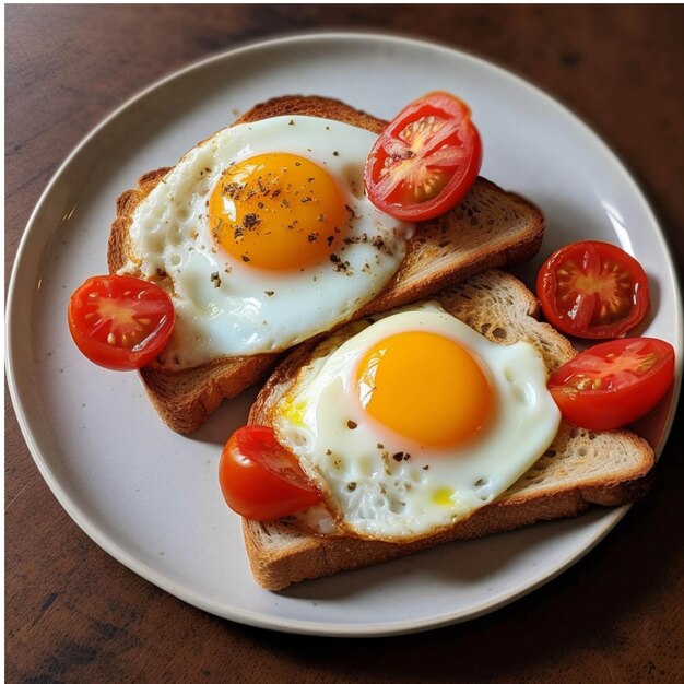 Fried eggs on toast with cherry tomatoes on a wooden background