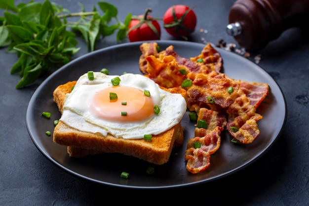 Premium Photo | Fried eggs with bacon. Bacon and egg as English breakfast.