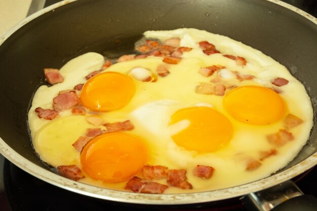 Fried eggs with bacon in the pan