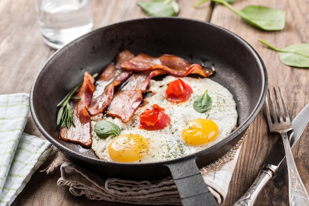 Fried eggs with bacon and tomato in a pan