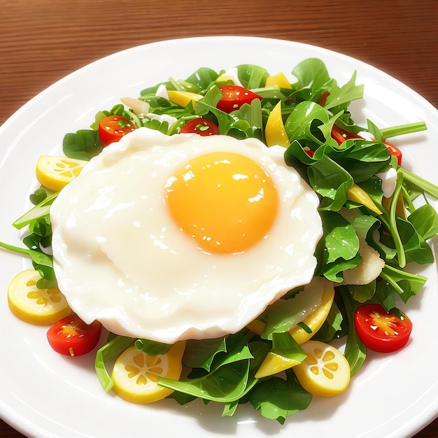 fried eggs with bacon and vegetables