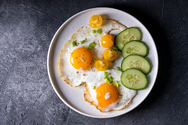 흰색 접시와 회색 배경에 베이컨을 얹은 튀긴 계란.