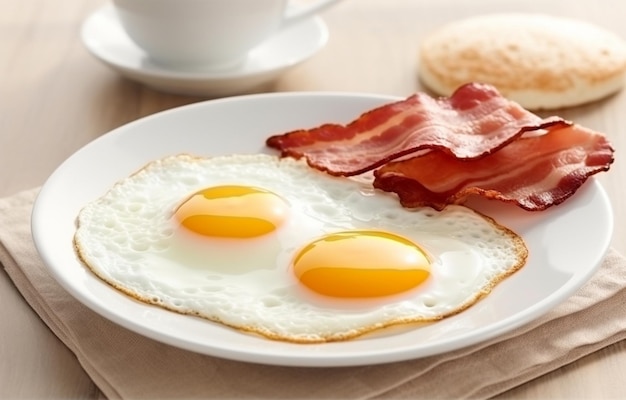 fried eggs with bacon on white plate on white kitchen table