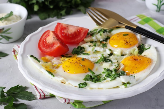 흰색 접시에 셀러리와 파슬리를 곁들인 달걀 프라이는 토마토와 함께 제공됩니다 건강하고 맛있는 아침 식사