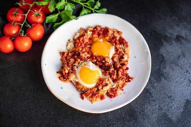 Fried eggs with tomato and vegetables shakshuka omelette natural organic snack