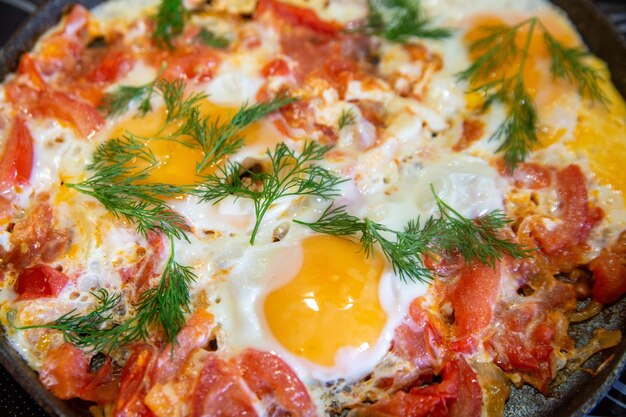 Fried eggs with tomatoes onions and herbs Food rich in proteins