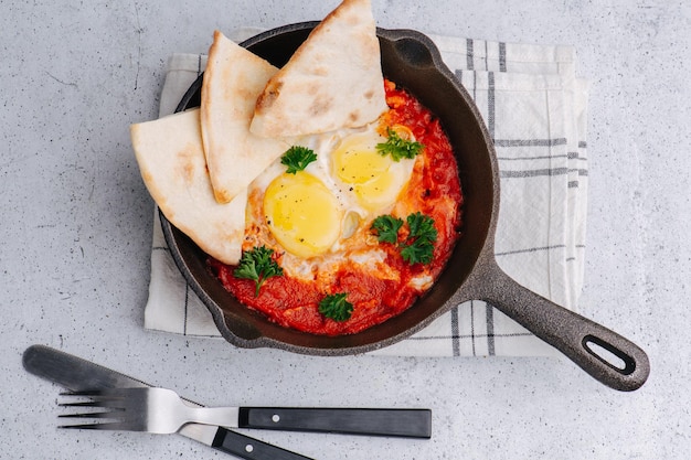 Fried eggs with tomatoes and slices of thin bread in a pan on a napkin