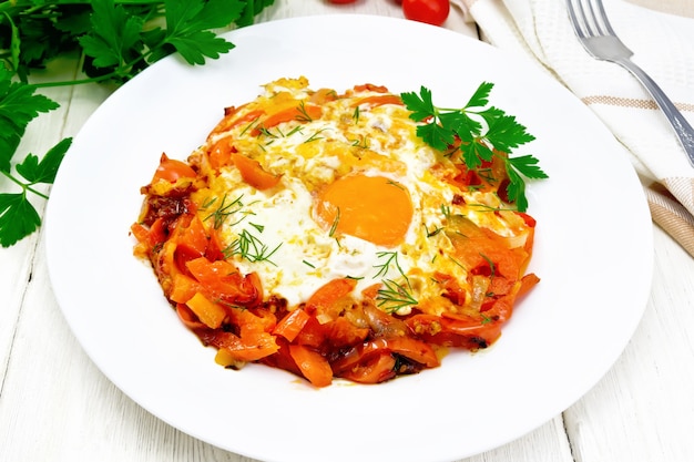 Uova fritte con pomodori, peperoni, cipolle ed erbe aromatiche in un piatto, tovagliolo, prezzemolo e forchetta sullo sfondo