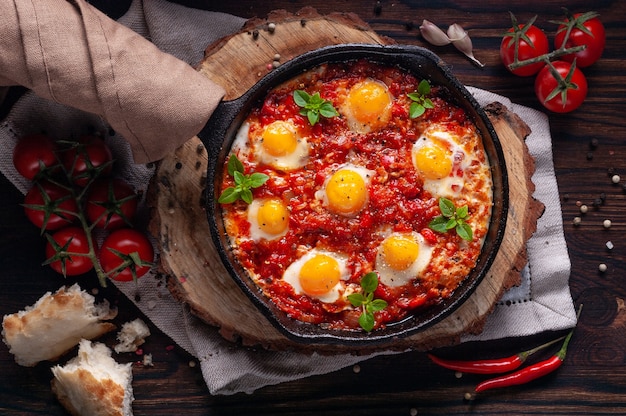 Fried eggs with tomatoes and vegetables