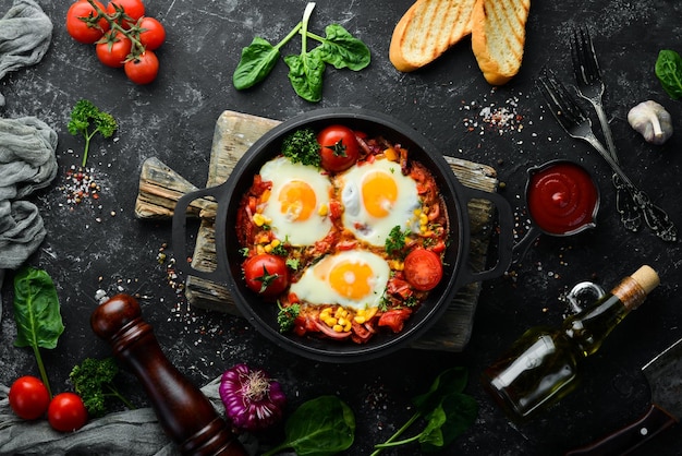 Fried eggs with vegetables tomatoes paprika peppers onions Vegetable Shakshuka in a pan Top view Free space for your text