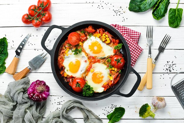 Fried eggs with vegetables tomatoes paprika peppers onions Vegetable Shakshuka in a pan Top view Free space for your text