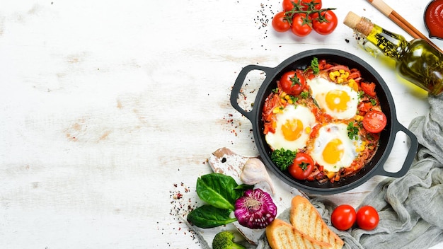 Fried eggs with vegetables tomatoes paprika peppers onions Vegetable Shakshuka in a pan Top view Free space for your text