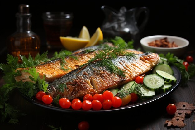 Фото Жареный рыбный карп и салат из свежих овощей