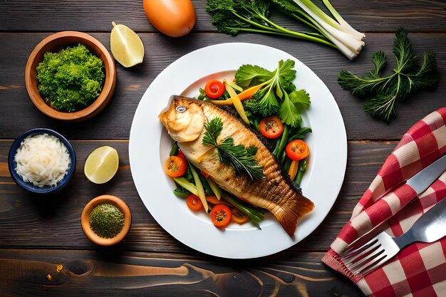 Photo fried fish carp and fresh vegetable salad on wooden table