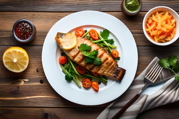 Foto carpa di pesce fritto e insalata di verdure fresche sulla tavola di legno