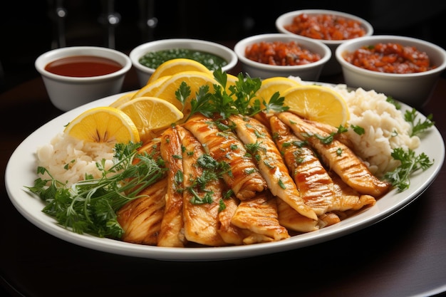 блюдо из жареной рыбы с соусом профессиональная рекламная фотография еды