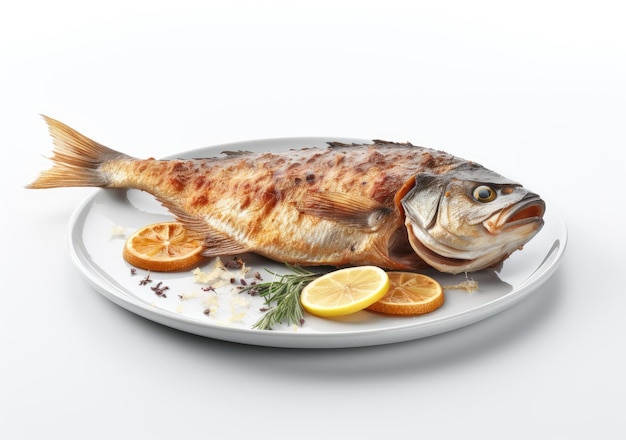 Fried fish garnished with lemon slices on a plate isolated on white background