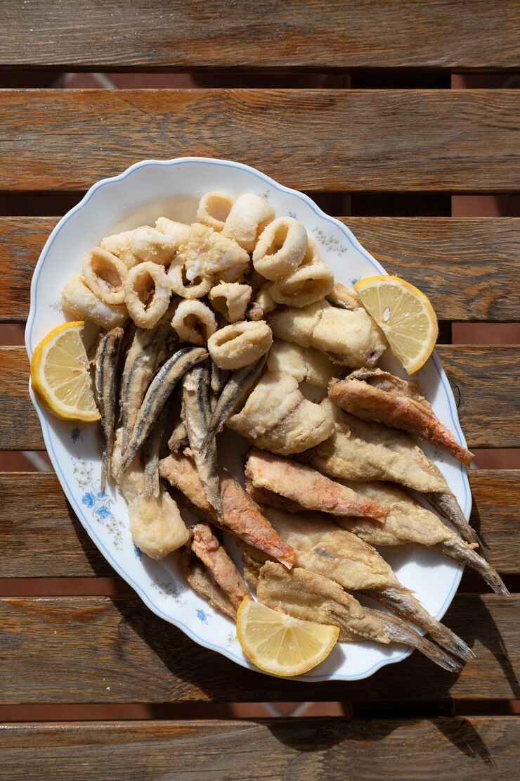 fried fish plate flatlay