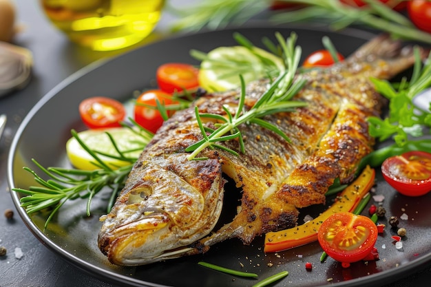 Fried fish on plate with vegetables