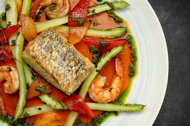 Fried fish steak with shrimps and vegetables