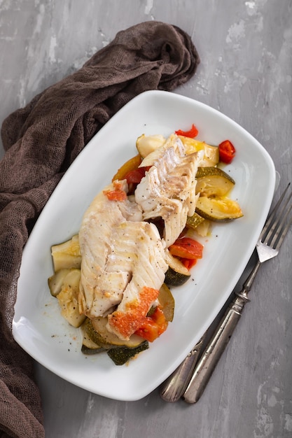 Fried fish with baked vegetables on white dish