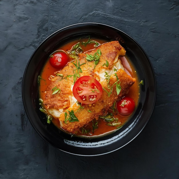 Fried fish with tomatoes and sauce