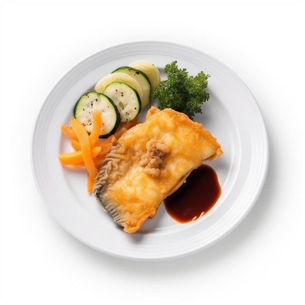 Жареная рыба с овощами на белой тарелке изолирована