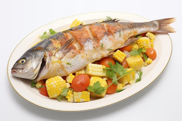 Fried fish with vegetables in the plate 3