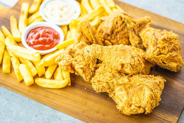 テーブルの上のカッティングボードで揚げた食べ物とディップ