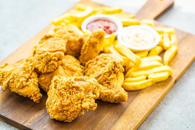 テーブルの上のカッティングボードで揚げた食べ物とディップ