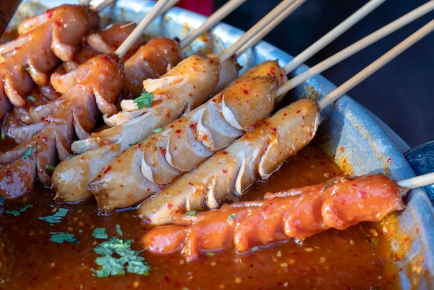 Fried food with sticks Thai style food Street food in Bangkok Thailand