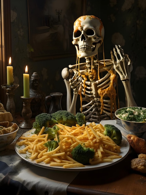 Fried French fries with vegetables on the table Halloween concept